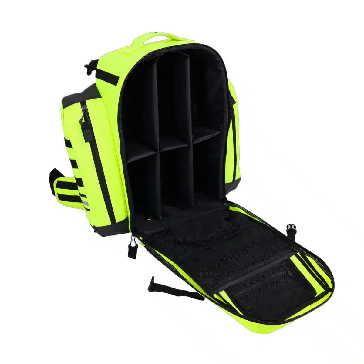 Fluorescent yellow tactical backpack open to show empty adjustable padded dividers and mesh lid pockets
