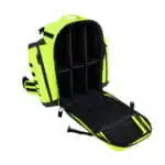 Fluorescent yellow tactical backpack open to show empty adjustable padded dividers and mesh lid pockets