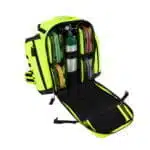 Open fluorescent yellow medical backpack with an oxygen tank in the center divider and color-coded supply pouches