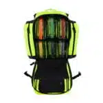 Open fluorescent yellow medical backpack revealing color-coded clear zippered organizer pouches inside