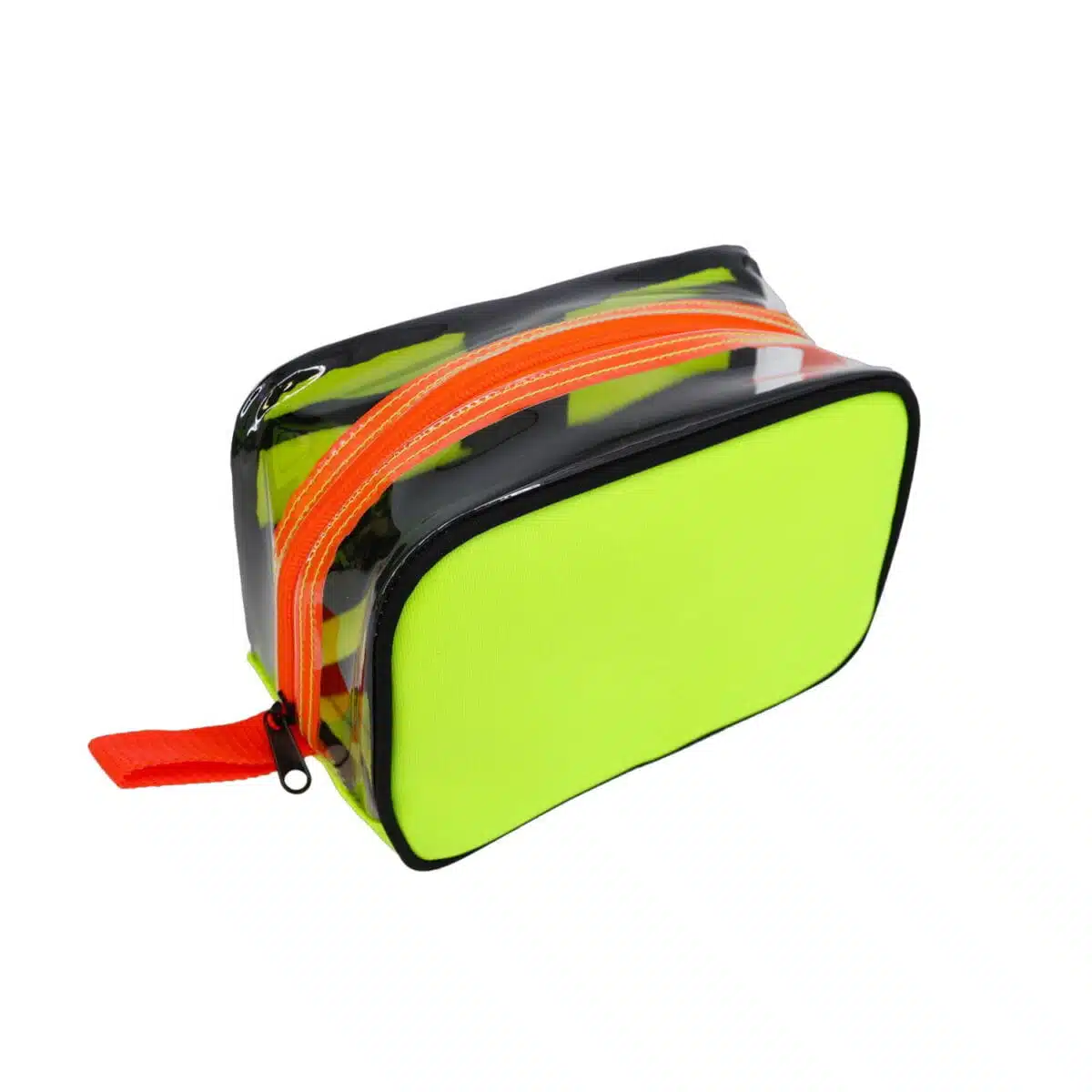 Clear zippered medical organizer pouch with an orange zipper and fluorescent yellow trim from the kit