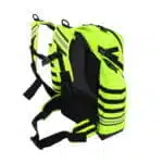 Side-rear view of a fluorescent yellow medical backpack showing the padded harness straps and reflective striping