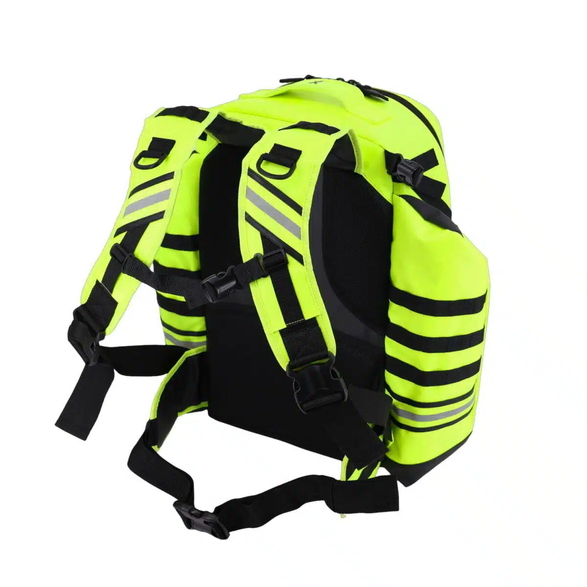 Rear three-quarter view of a fluorescent yellow medical backpack with padded shoulder straps and reflective stripes