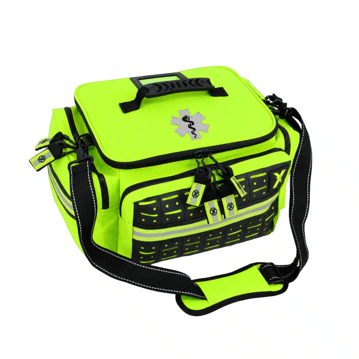 Hi-vis yellow EMS medical bag, closed three-quarter view with reflective trim and shoulder strap