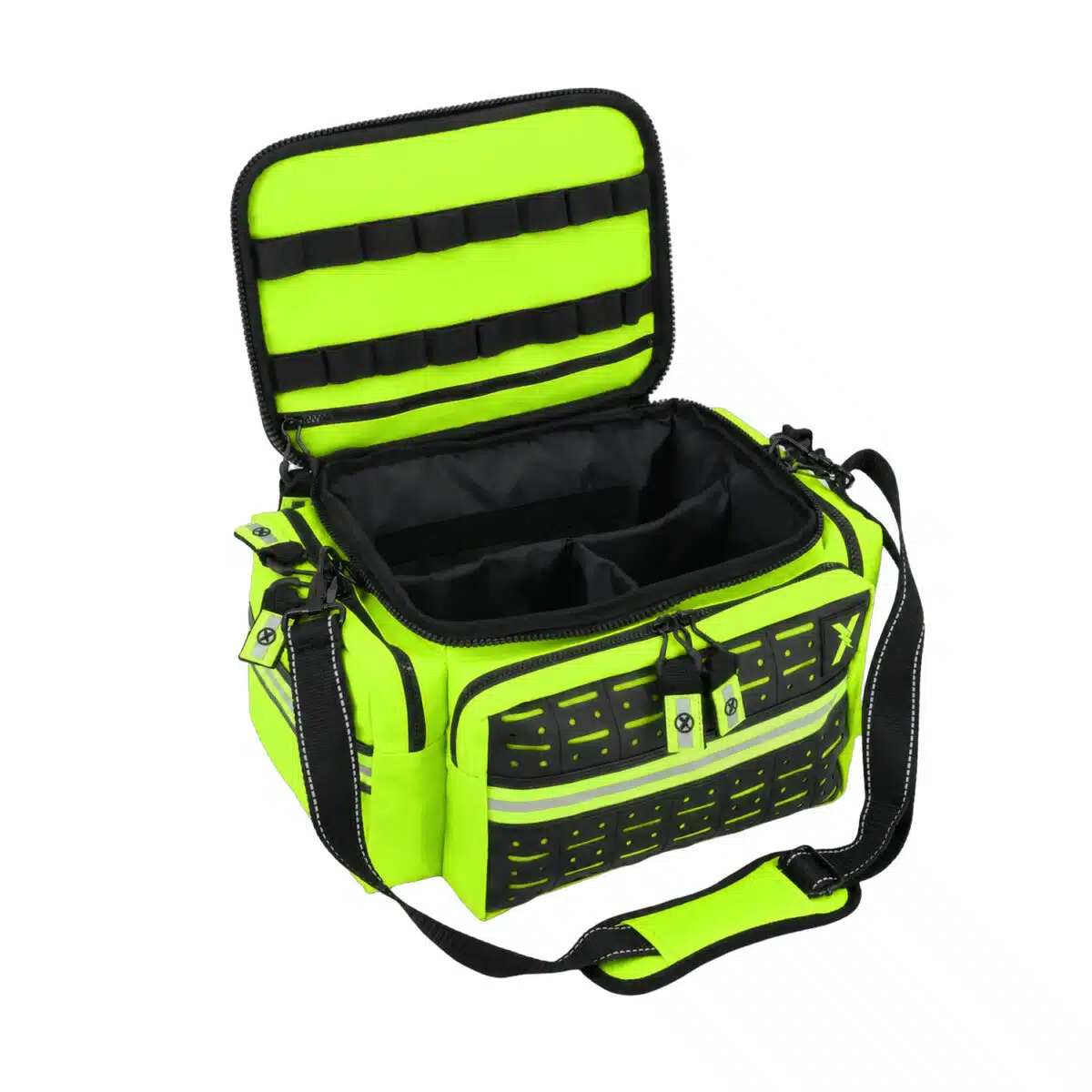 Hi-vis yellow EMS medical bag opened to show its empty padded interior and elastic loop lid panel