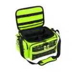 Hi-vis yellow EMS medical bag opened to show its empty padded interior and elastic loop lid panel