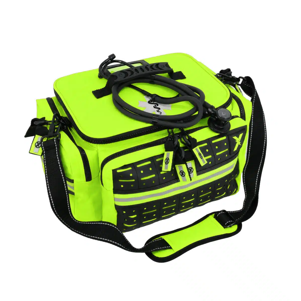 Hi-vis yellow EMS medical bag, closed, with a black stethoscope resting on the lid and a strap