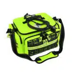 Hi-vis yellow EMS medical bag, closed, with a black stethoscope resting on the lid and a strap