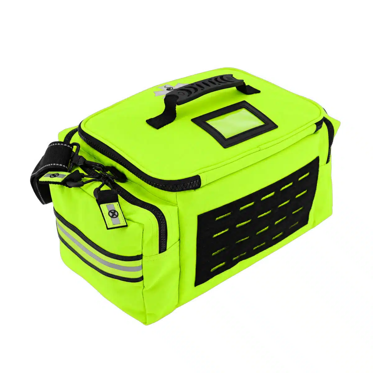 Hi-vis yellow first responder bag, rear angle showing the clear ID window and side reflective stripe