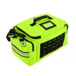 Hi-vis yellow first responder bag, rear angle showing the clear ID window and side reflective stripe