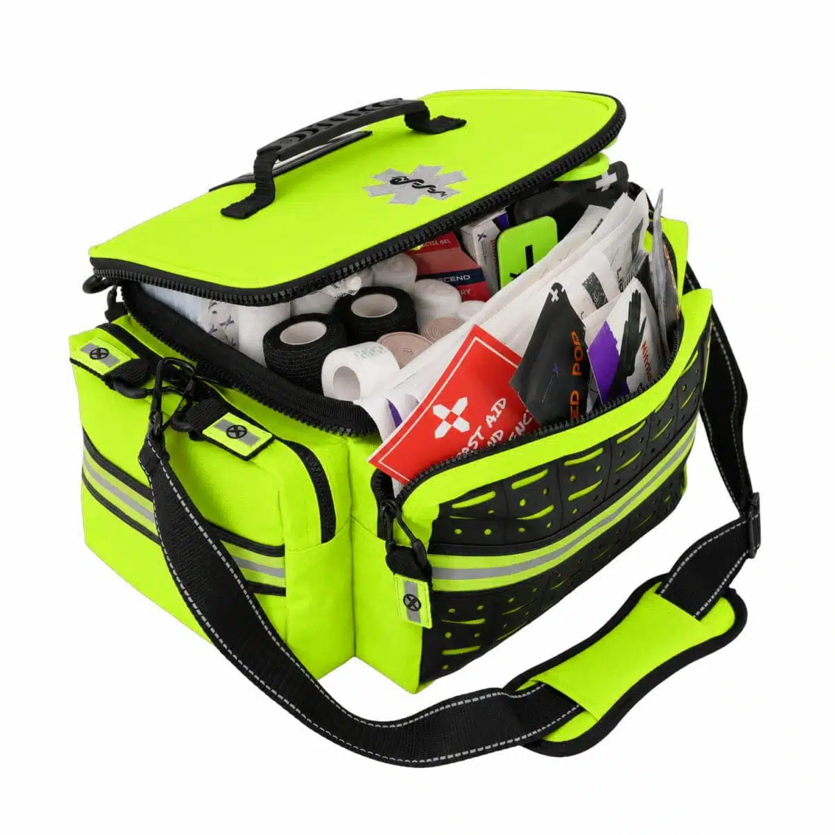Hi-vis fluorescent yellow stocked first responder bag angled to show packed trauma supplies