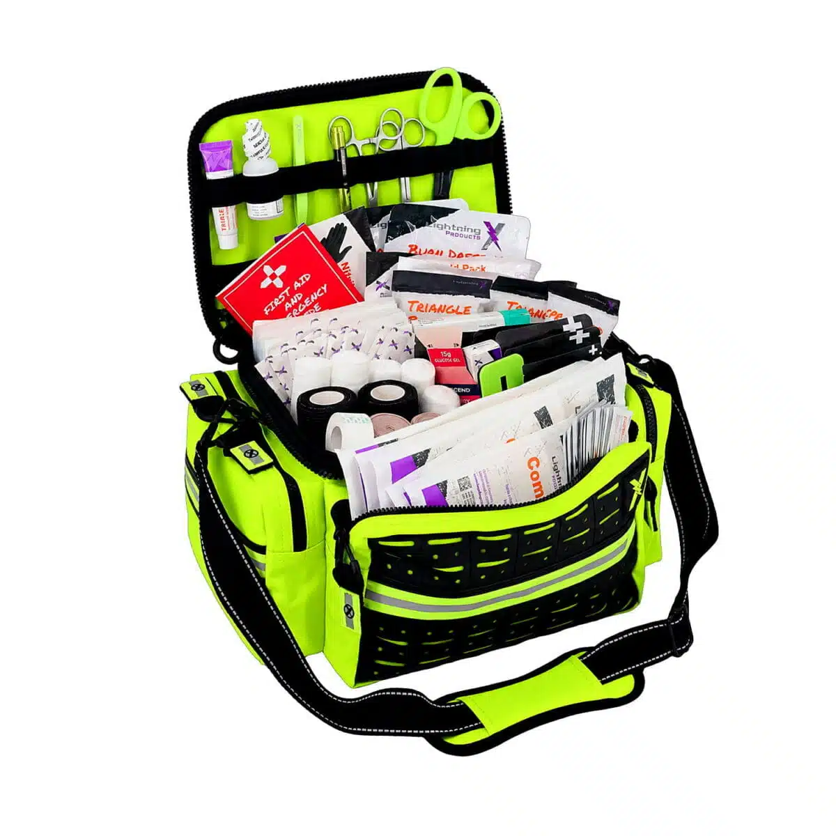 Open hi-vis yellow EMS trauma bag showing a complete stocked kit of bandages and supplies