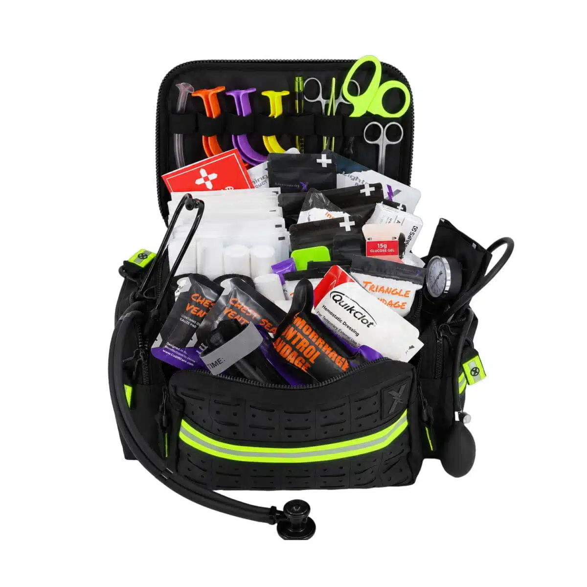 Black stocked first responder bag, open three-quarter view showing a fully stocked EMS kit
