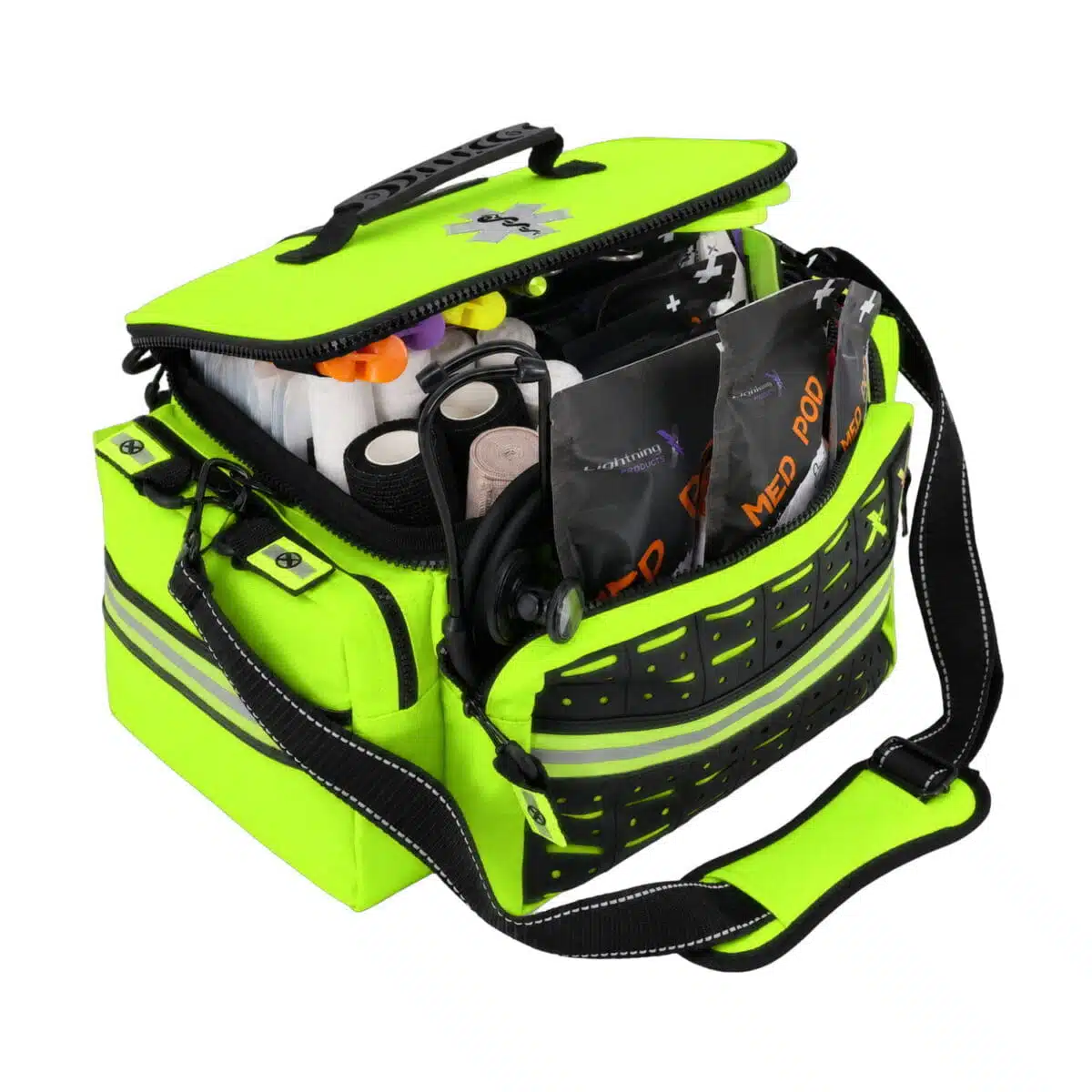 Hi-vis yellow EMS bag open at a three-quarter angle revealing a full kit of gauze, tape and dressings