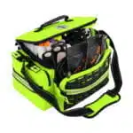 Hi-vis yellow EMS bag open at a three-quarter angle revealing a full kit of gauze, tape and dressings