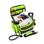 Hi-vis yellow stocked first responder bag, open front view with packed supplies, stethoscope and strap