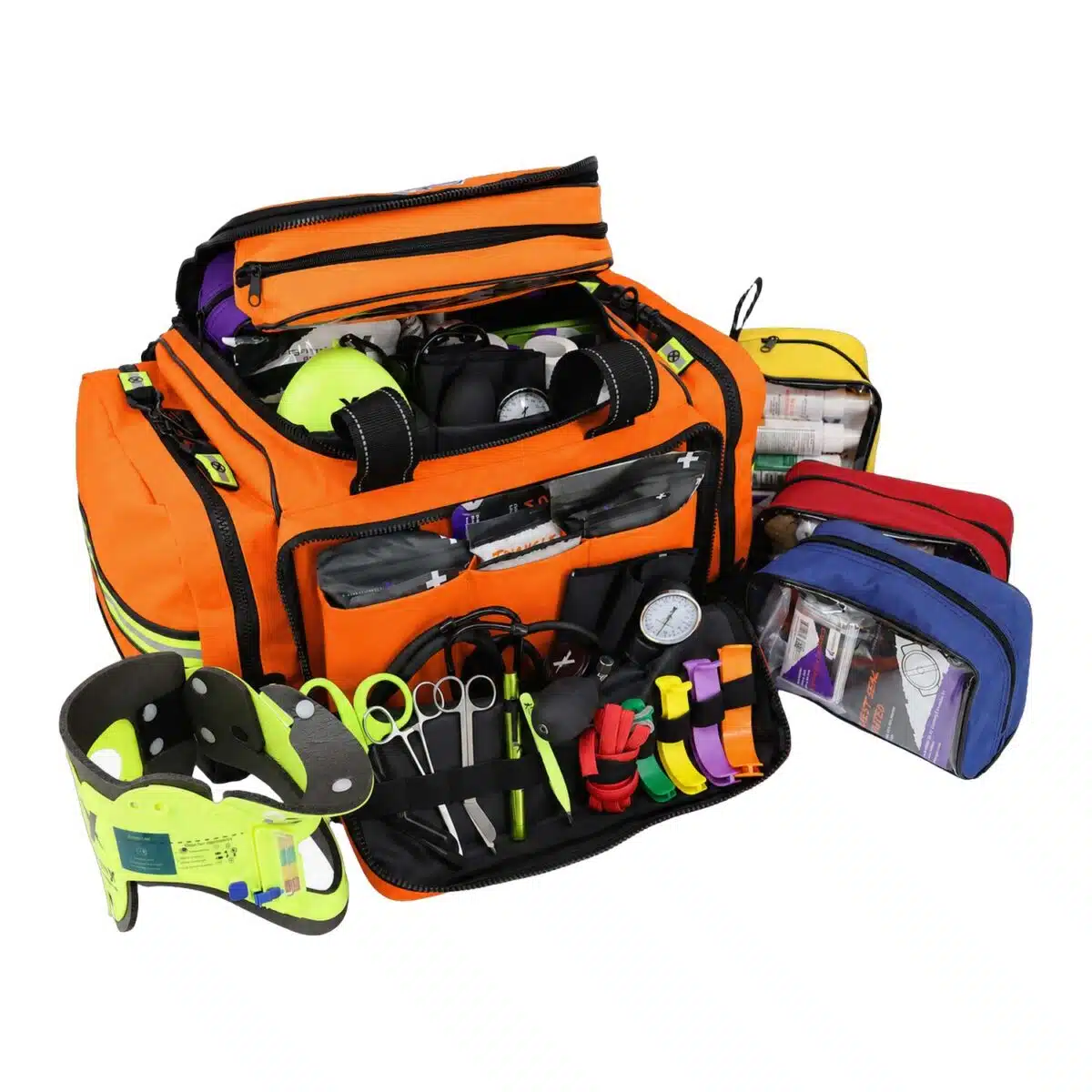 Orange modular trauma kit open and fully stocked with removable pouches, tools and a fluorescent yellow cervical collar