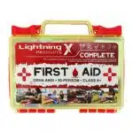 Red hi-vis hard-case first aid kit, closed, with a printed Complete First Aid label and OSHA ANSI Class A markings
