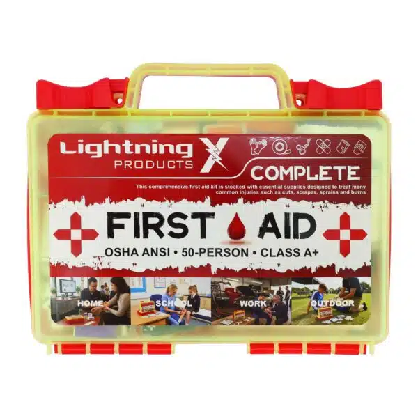 Red hi-vis hard-case first aid kit, closed, with a printed Complete First Aid label and OSHA ANSI Class A markings
