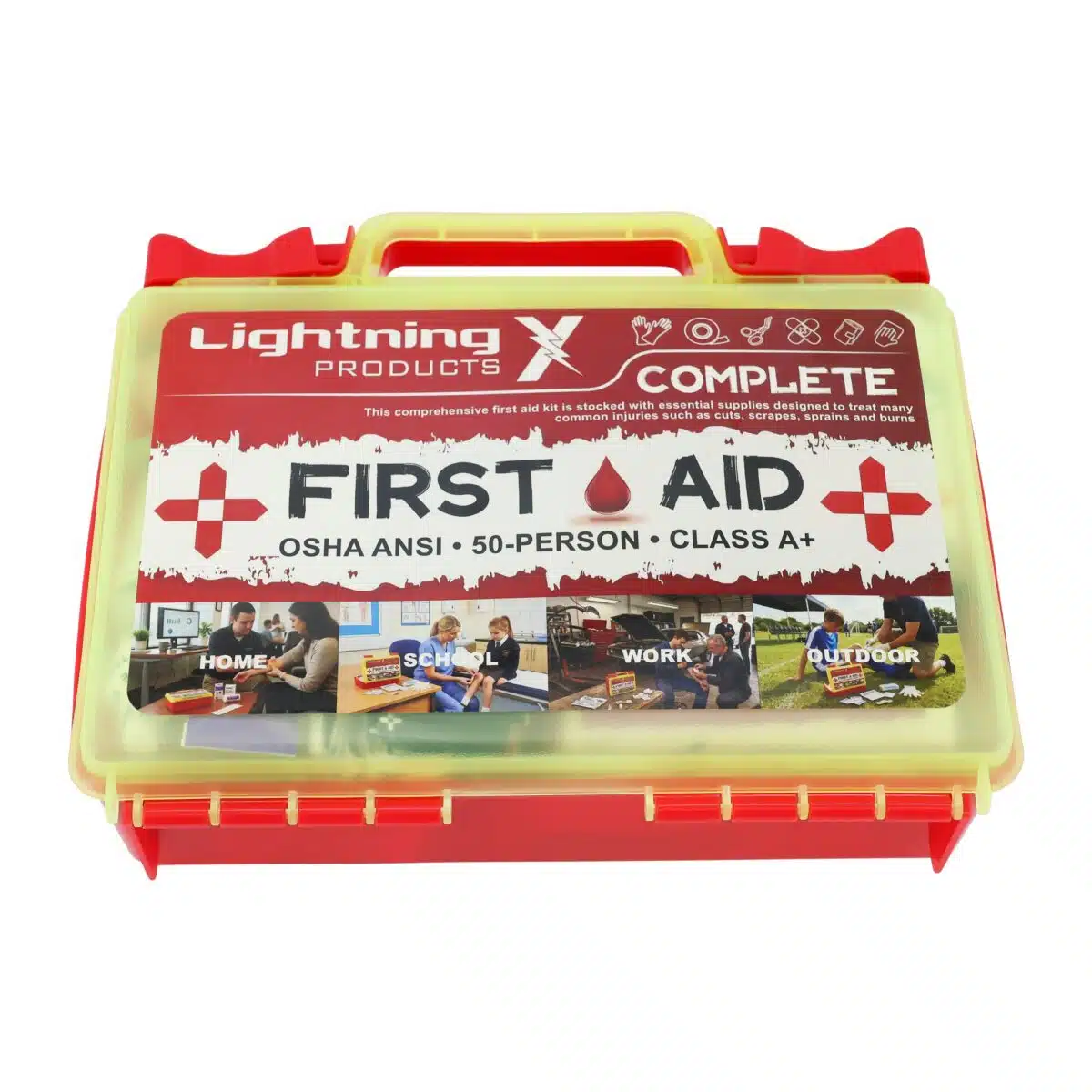 Red hi-vis hard-case first aid kit, closed, with a printed Complete First Aid label and OSHA ANSI Class A markings