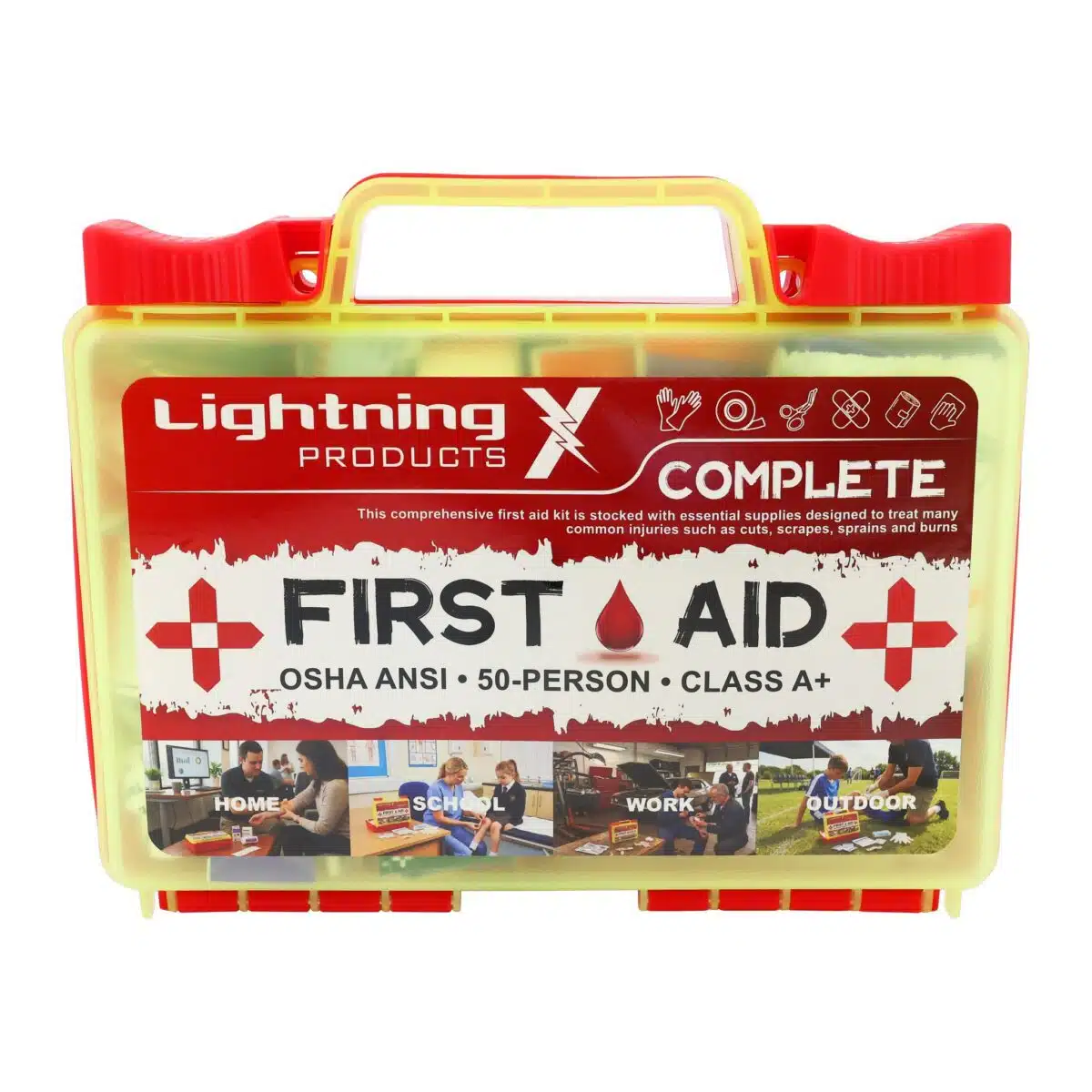 Red hi-vis hard-case first aid kit, closed, with a printed Complete First Aid label and OSHA ANSI Class A markings