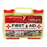 Red hi-vis hard-case first aid kit, closed, with a printed Complete First Aid label and OSHA ANSI Class A markings