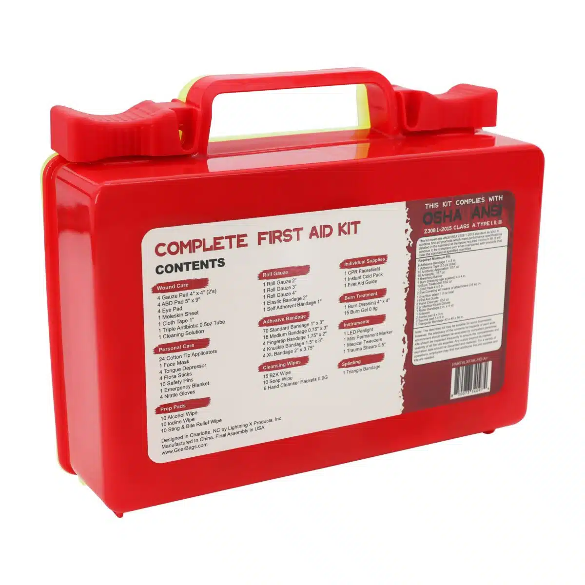 Red hi-vis hard-case first aid kit, closed, with a printed Complete First Aid label and OSHA ANSI Class A markings