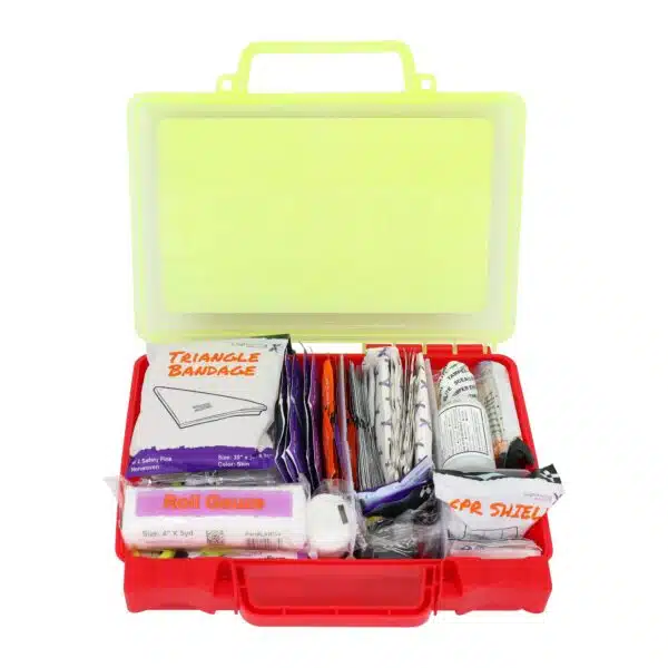 Red hi-vis hard-case first aid kit open, supplies organized in compartment trays under a translucent yellow lid