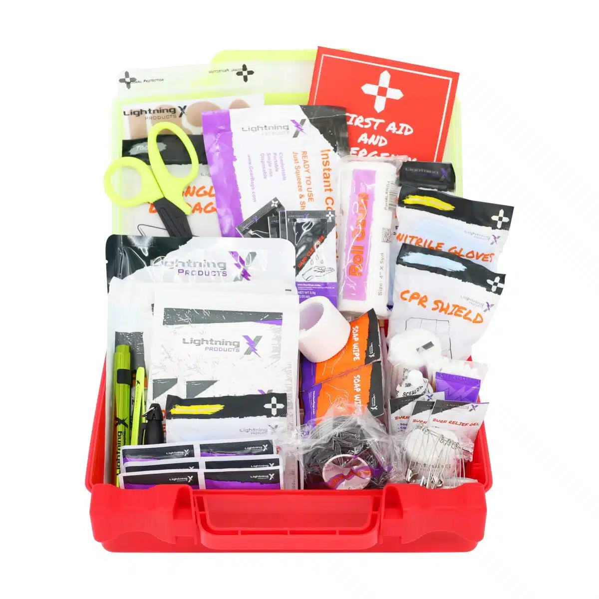 Red hi-vis hard-case first aid kit open, supplies organized in compartment trays under a translucent yellow lid