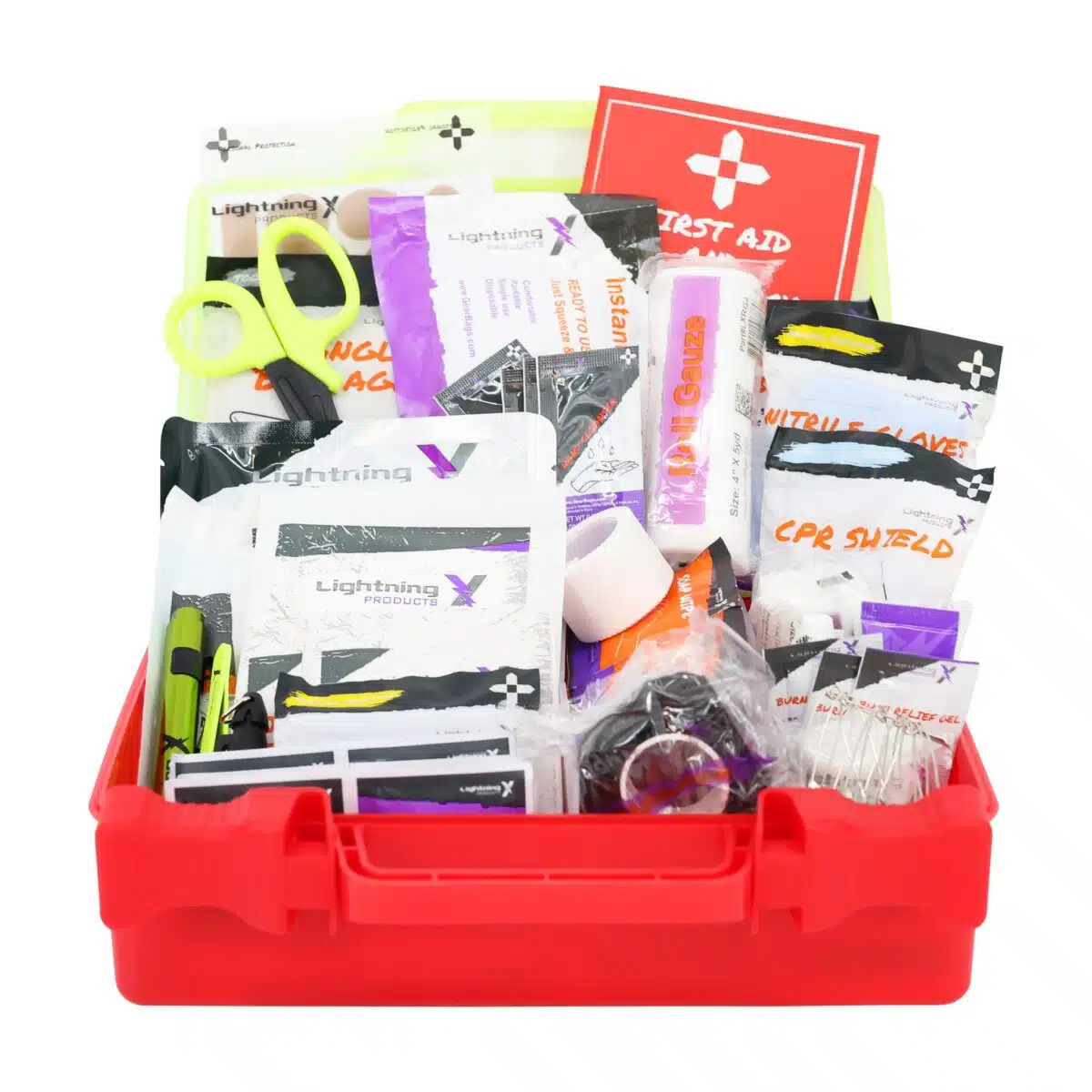 Red hi-vis hard-case first aid kit open, supplies organized in compartment trays under a translucent yellow lid