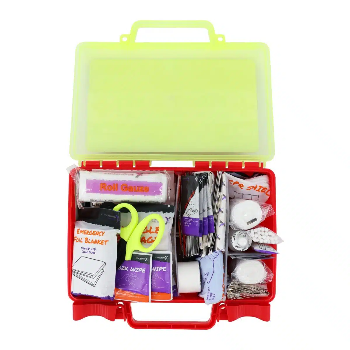 Red hi-vis hard-case first aid kit open, supplies organized in compartment trays under a translucent yellow lid