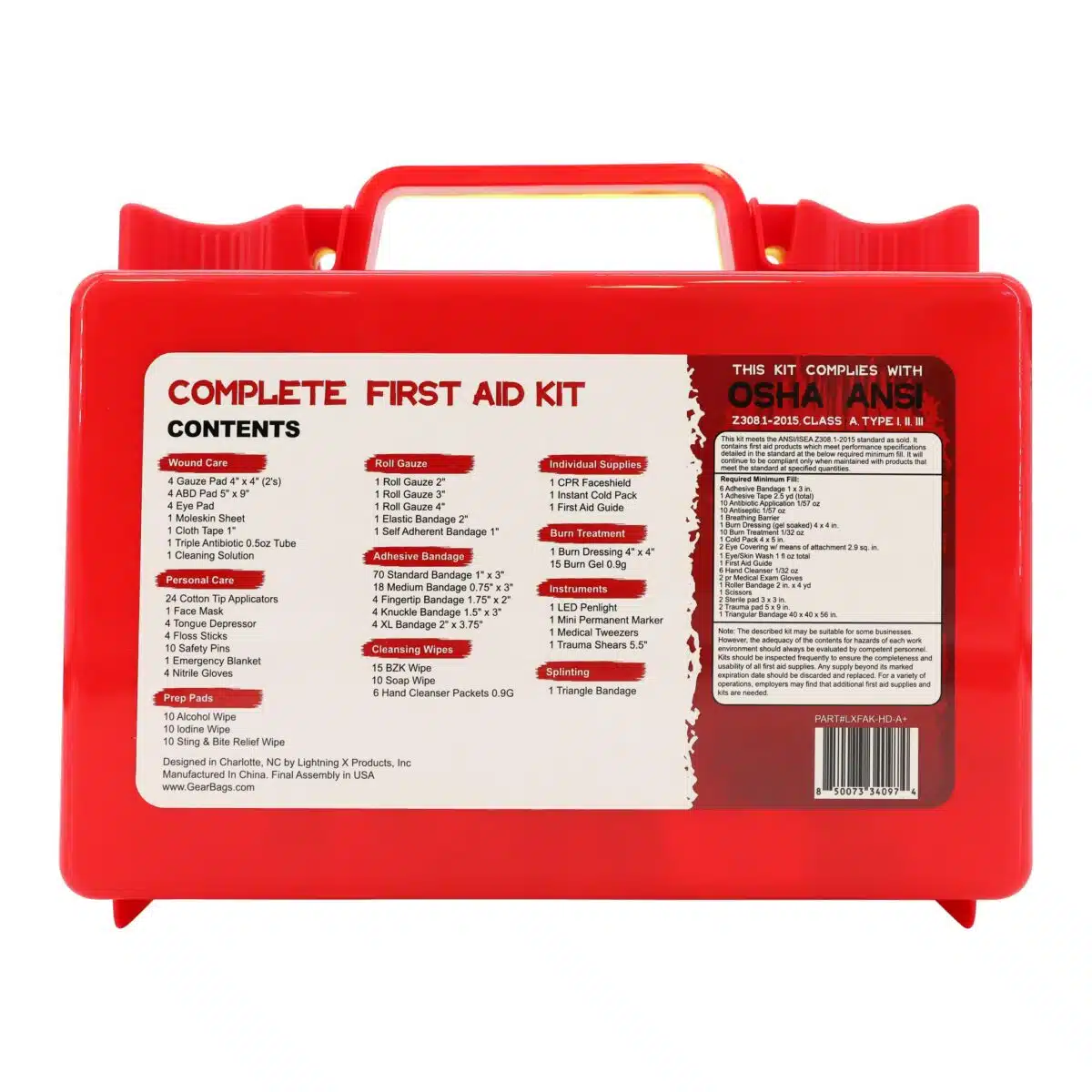 Back of a red hi-vis hard-case first aid kit showing the printed 214-piece contents list and wall-mount keyholes