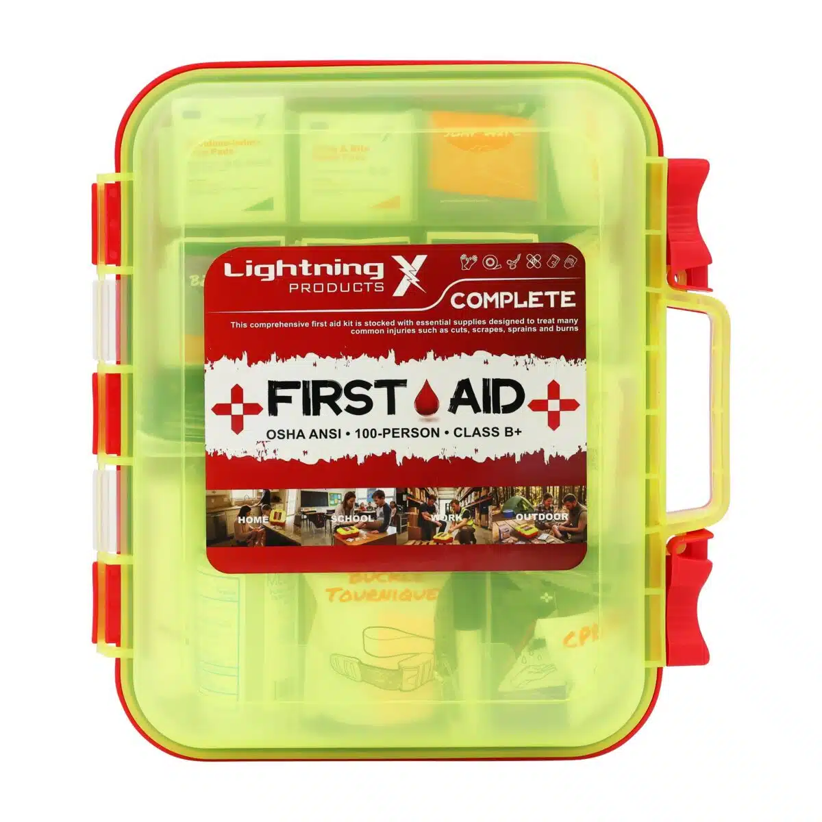 Red hi-vis hard-case first aid kit, closed, with a printed Complete First Aid label and OSHA ANSI Class B markings