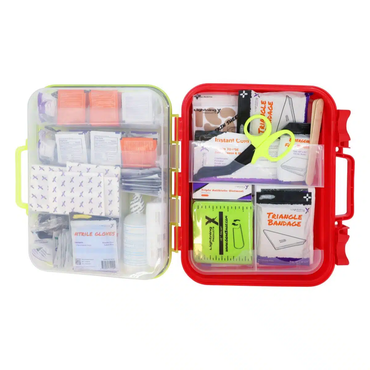 Red hi-vis hard-case first aid kit, closed, with a printed Complete First Aid label and OSHA ANSI Class B markings