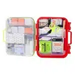 Red hi-vis hard-case first aid kit, closed, with a printed Complete First Aid label and OSHA ANSI Class B markings
