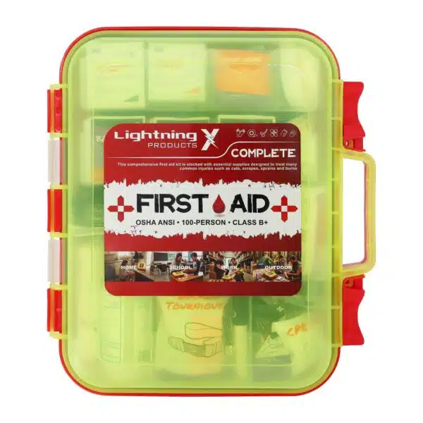 Red hi-vis hard-case first aid kit, closed, with a printed Complete First Aid label and OSHA ANSI Class B markings