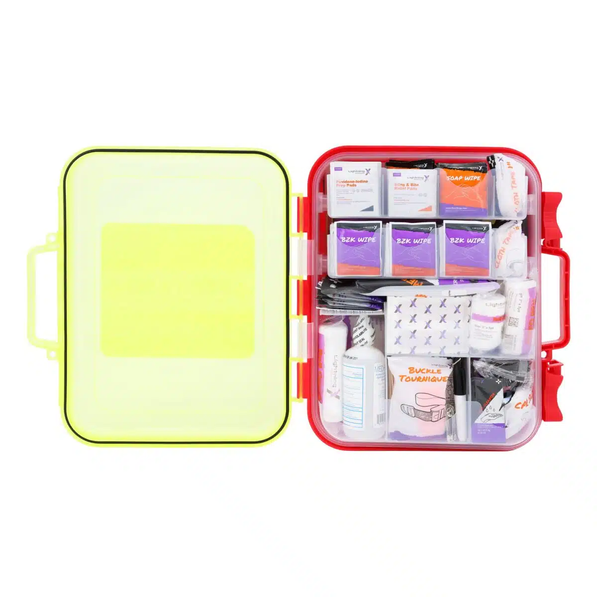 Red hi-vis hard-case first aid kit open, supplies in dual-layer swing-out trays under a translucent yellow lid