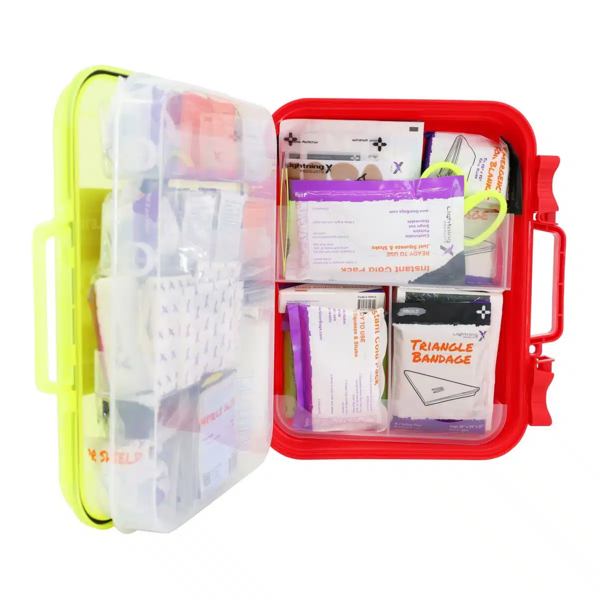 Red hi-vis hard-case first aid kit open, supplies in dual-layer swing-out trays under a translucent yellow lid