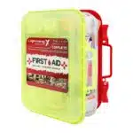 Red hi-vis hard-case first aid kit open, supplies in dual-layer swing-out trays under a translucent yellow lid