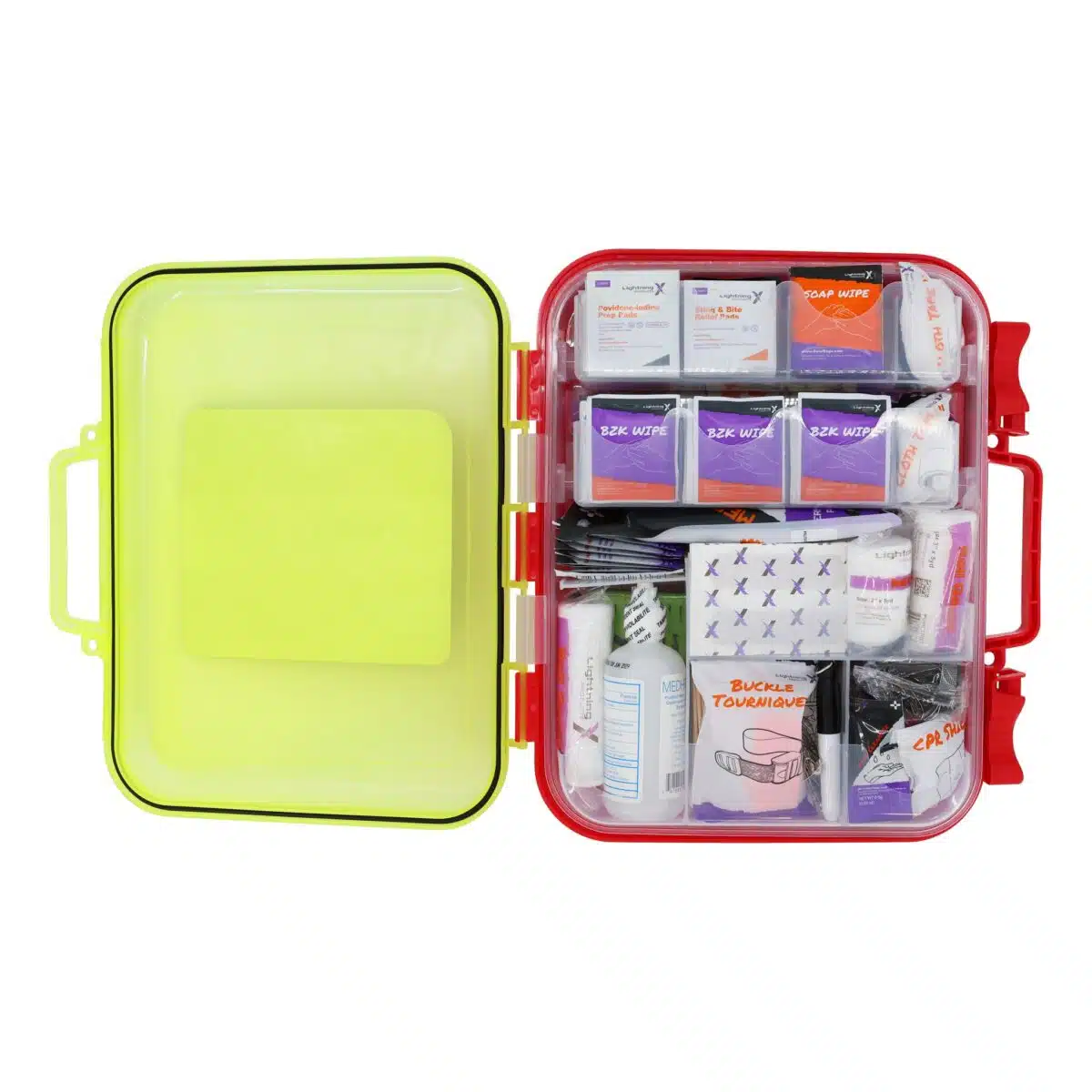 Red hi-vis hard-case first aid kit open, supplies in dual-layer swing-out trays under a translucent yellow lid