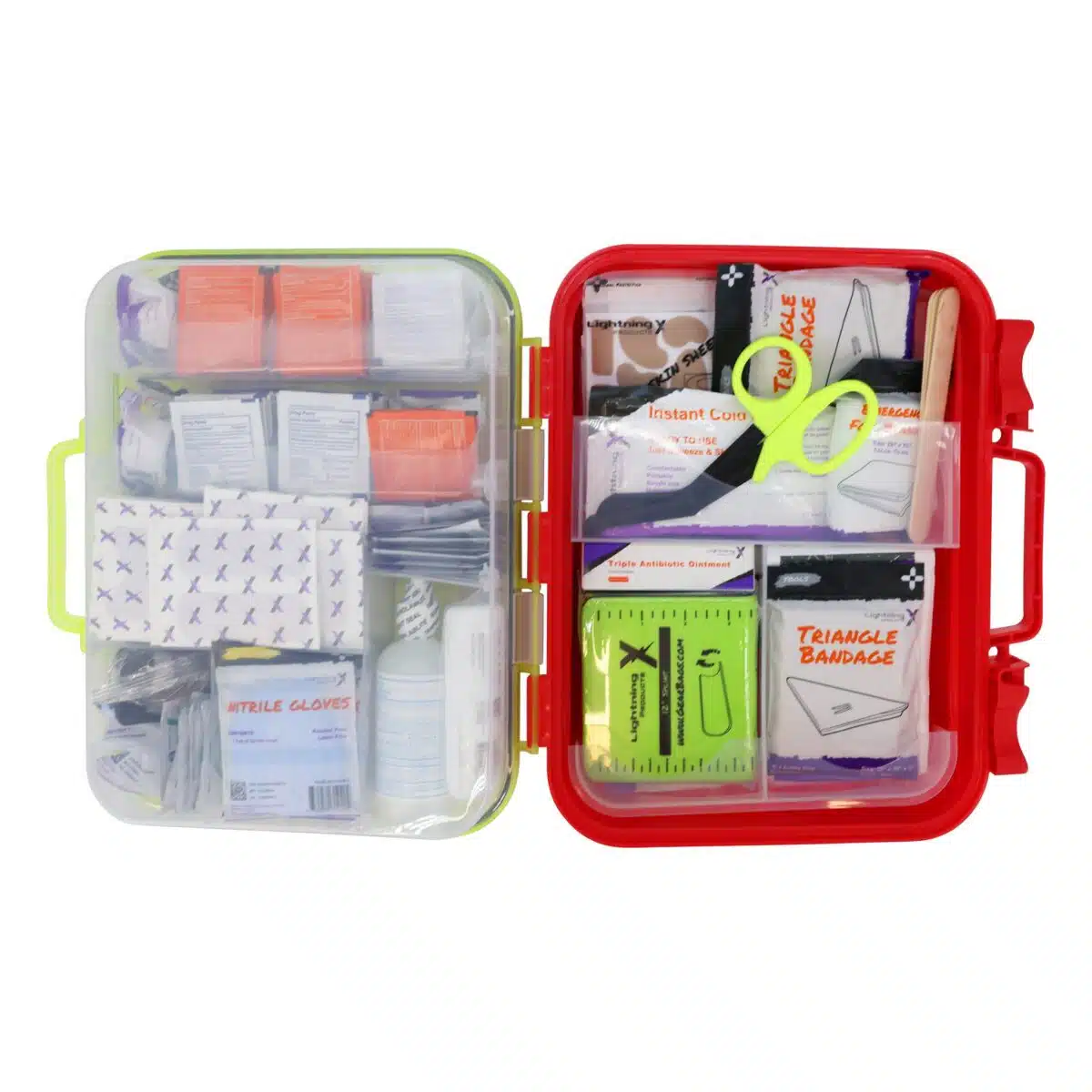 Red hi-vis hard-case first aid kit open, supplies in dual-layer swing-out trays under a translucent yellow lid