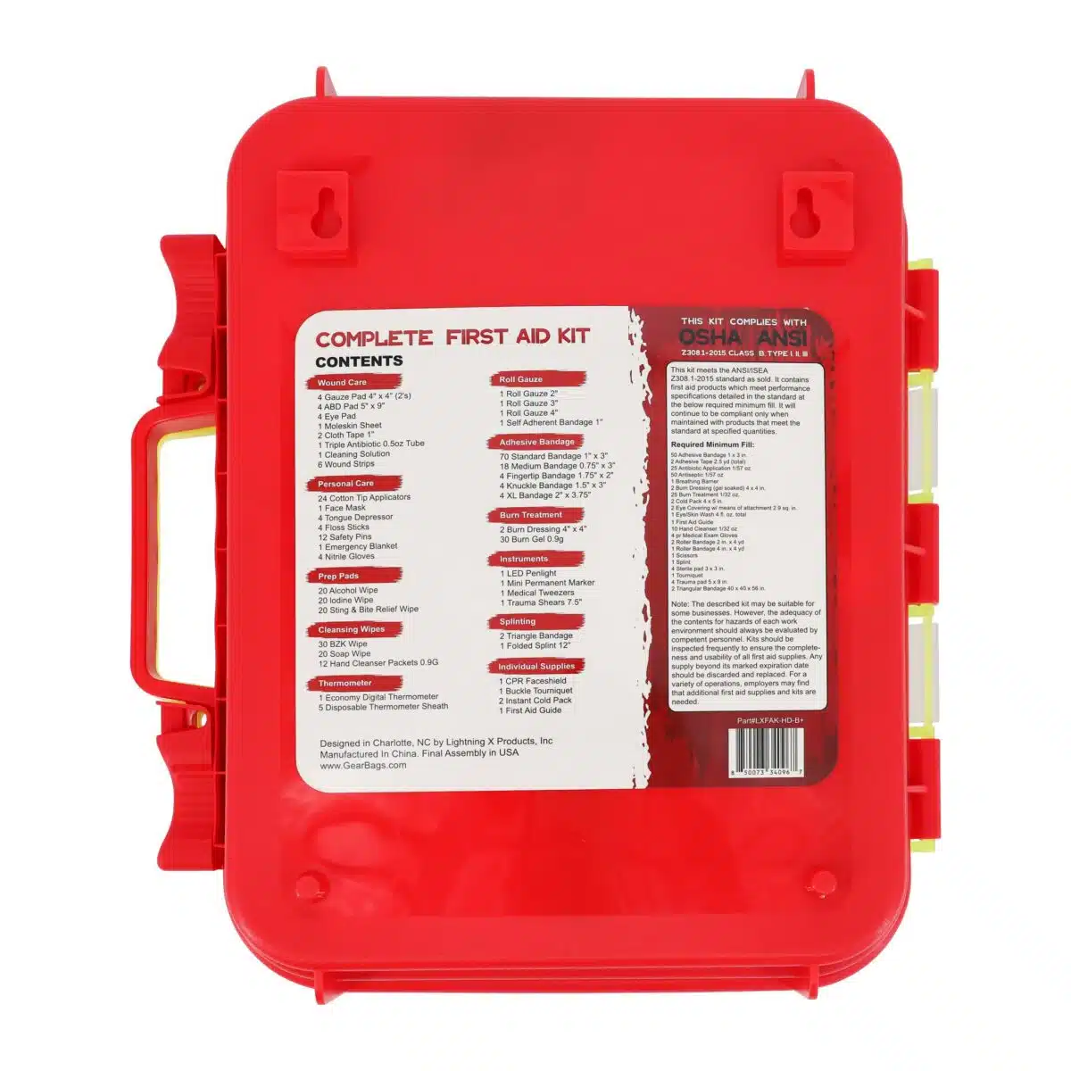 Back of a red hi-vis hard-case first aid kit showing the printed 364-piece contents list and wall-mount keyholes