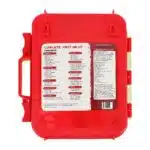 Back of a red hi-vis hard-case first aid kit showing the printed 364-piece contents list and wall-mount keyholes