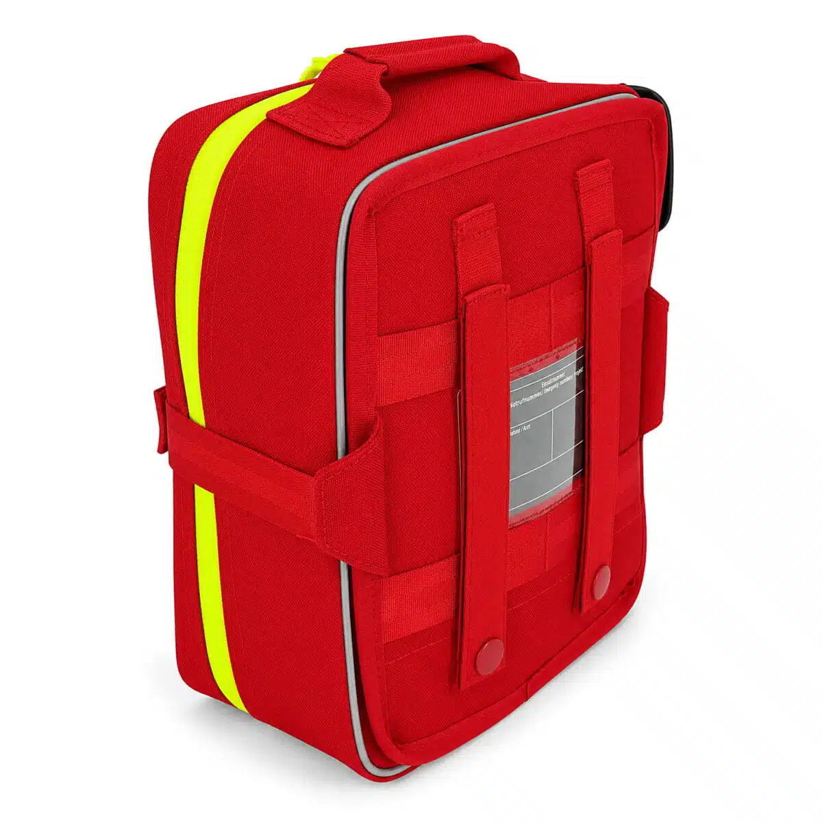 Back of a red soft-shell first aid kit with MOLLE webbing, carry straps, a clear ID window and a sewn label