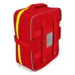 Back of a red soft-shell first aid kit with MOLLE webbing, carry straps, a clear ID window and a sewn label