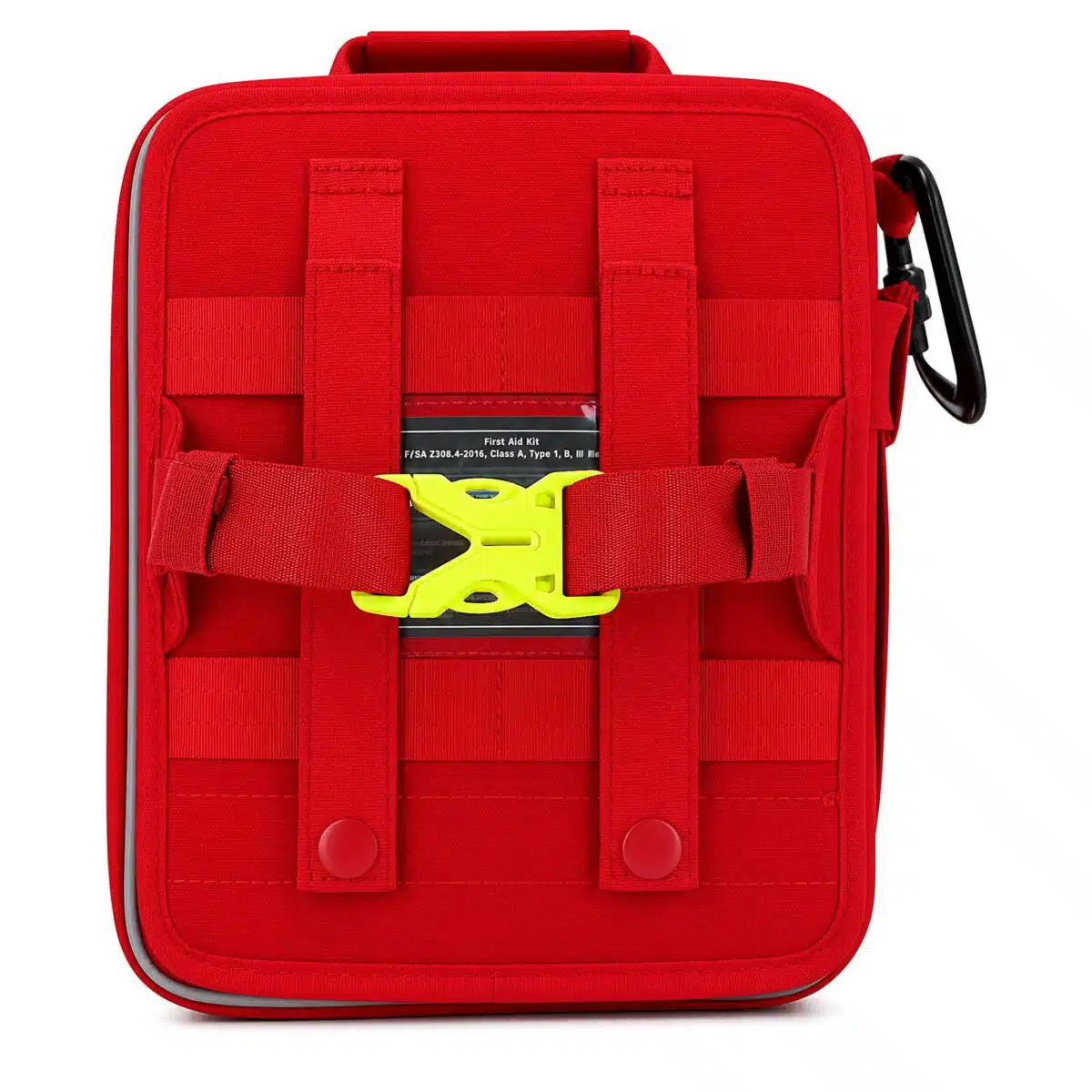 Back of a red soft-shell first aid kit showing MOLLE webbing, buckle straps and a sewn identification label