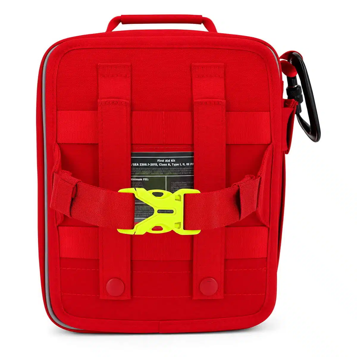 Red soft-shell first aid kit, angled back view with MOLLE webbing, carry straps and hi-vis zipper pulls