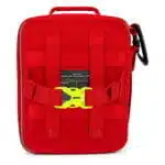 Red soft-shell first aid kit, angled back view with MOLLE webbing, carry straps and hi-vis zipper pulls