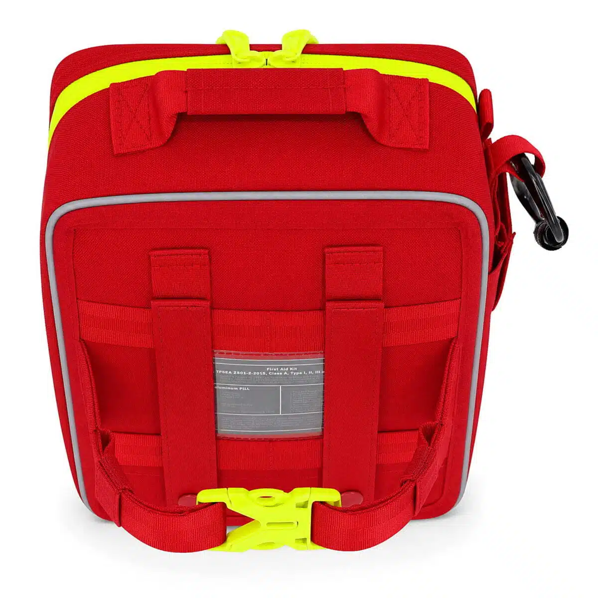 Red soft-shell first aid kit, three-quarter back with MOLLE webbing, a clear ID window and side gusset