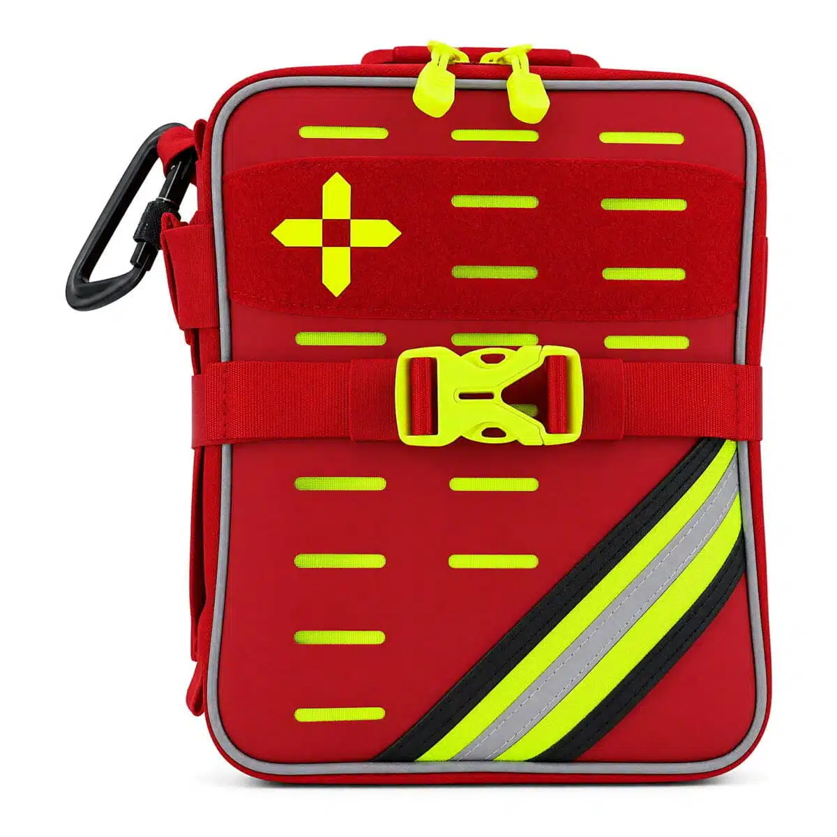 Red soft-shell first aid kit, closed three-quarter view with a hi-vis yellow cross, MOLLE slots and reflective stripe